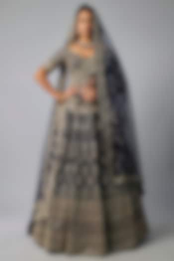 Navy Blue Raw Silk Zardosi Hand & Machine Embroidered Bridal Lehenga Set by Kalighata at Pernia's Pop Up Shop