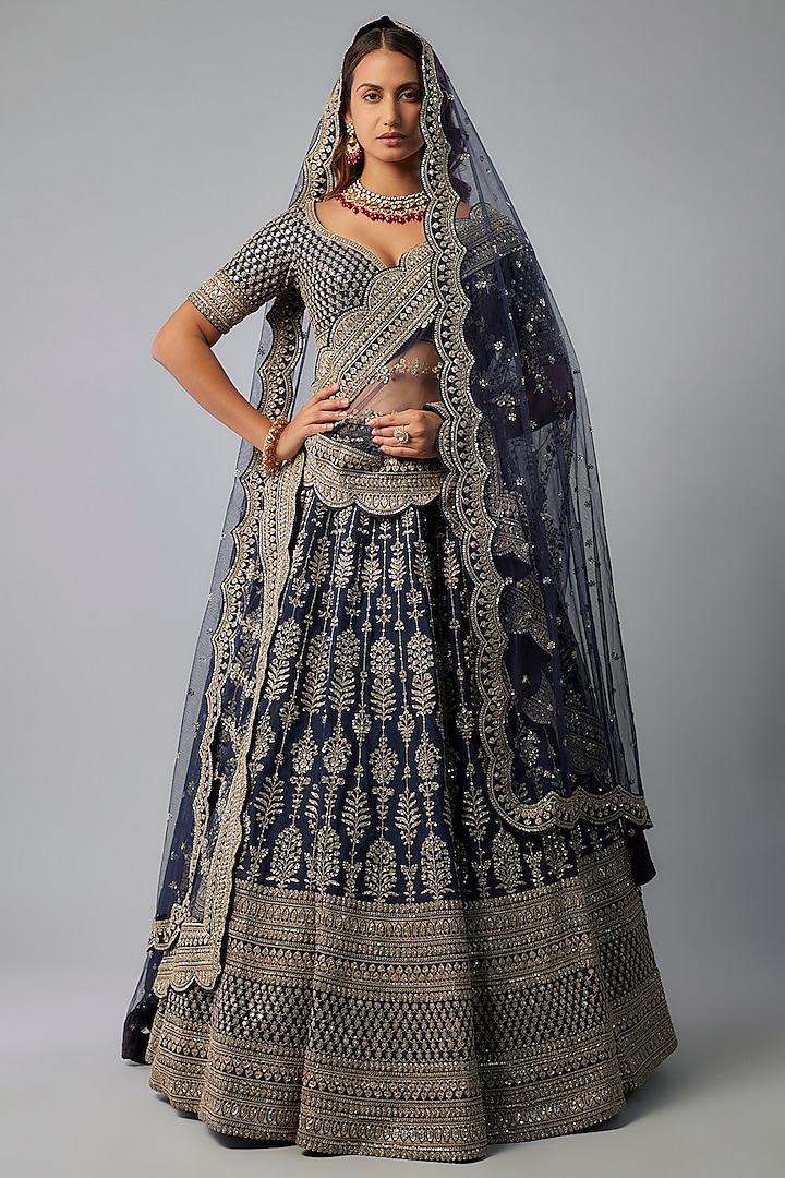 Navy Blue Raw Silk Zardosi Hand & Machine Embroidered Bridal Lehenga Set by Kalighata at Pernia's Pop Up Shop