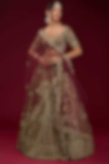 Maroon Raw Silk Zardosi Embroidered Bridal Lehenga Set by Kalighata at Pernia's Pop Up Shop