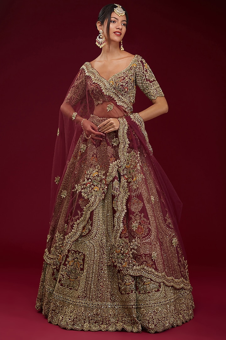 Maroon Raw Silk Zardosi Embroidered Bridal Lehenga Set by Kalighata at Pernia's Pop Up Shop
