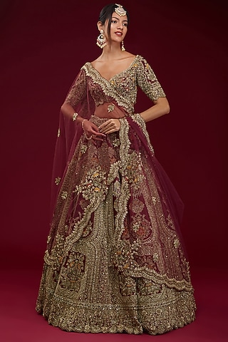 Maroon Raw Silk Zardosi Embroidered Lehenga Set by Kalighata
