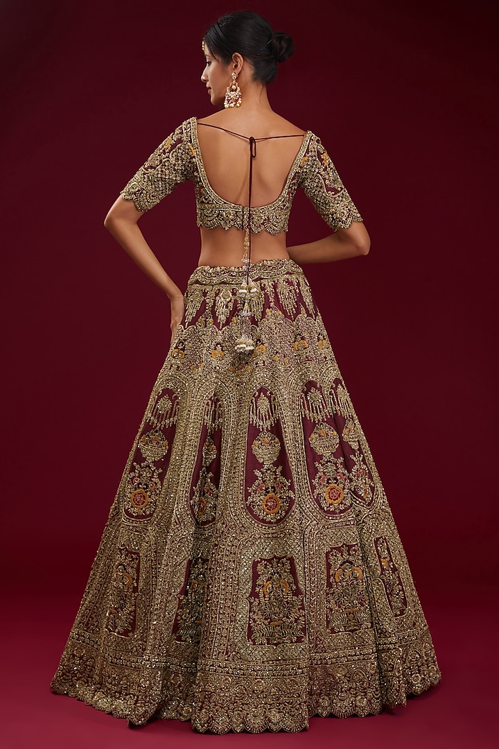 Maroon Raw Silk Zardosi Embroidered Bridal Lehenga Set by Kalighata at Pernia's Pop Up Shop