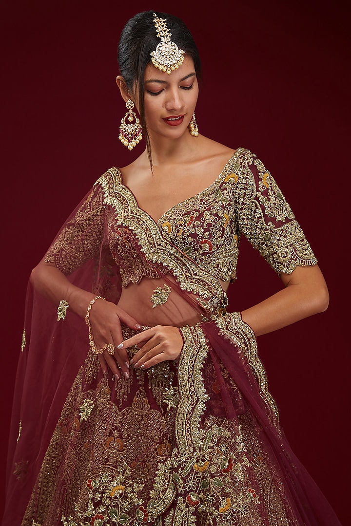 Maroon Raw Silk Zardosi Embroidered Bridal Lehenga Set by Kalighata at Pernia's Pop Up Shop