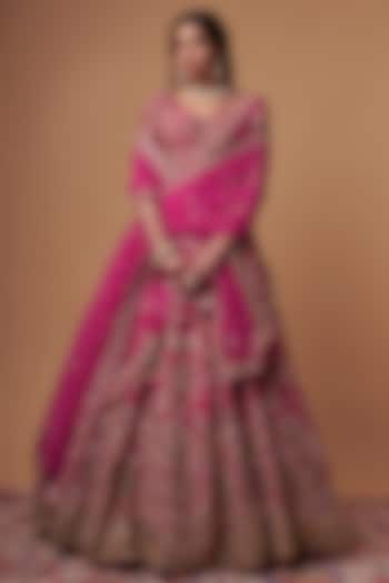 Rani Pink Raw Silk Thread & Sequins Embellished Bridal Lehenga Set by Kalighata at Pernia's Pop Up Shop