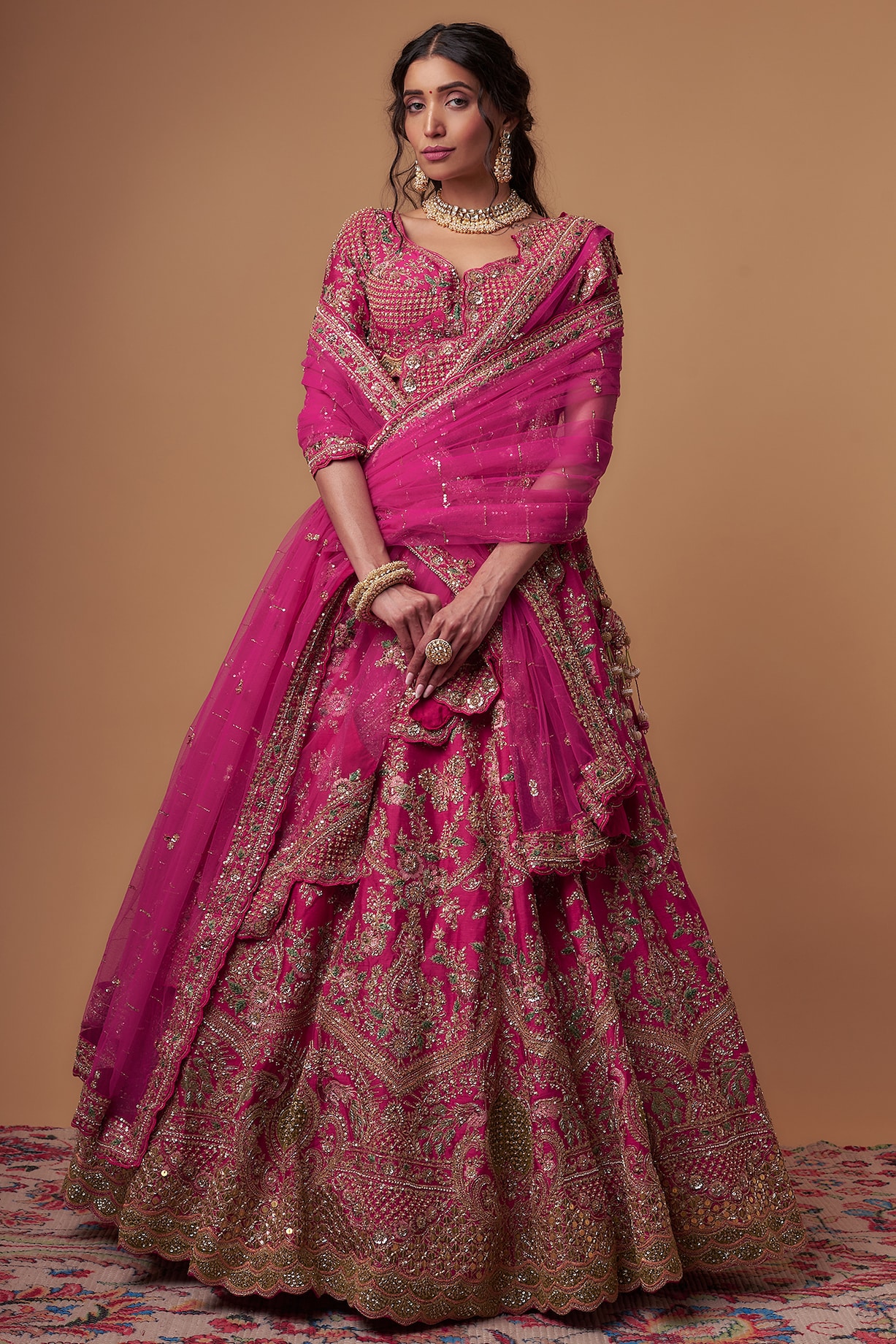 Rani Pink Raw Silk Thread Sequins Embellished Bridal Lehenga Set