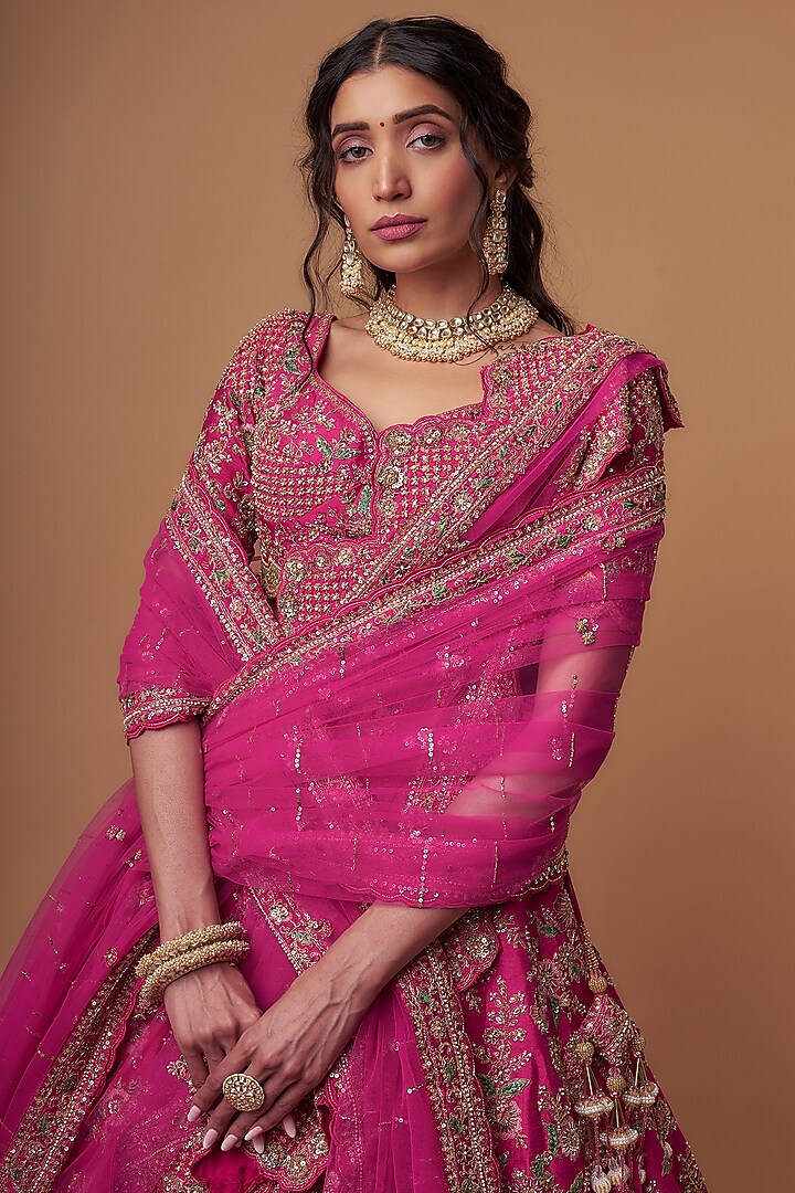 Rani Pink Raw Silk Thread & Sequins Embellished Bridal Lehenga Set by Kalighata at Pernia's Pop Up Shop