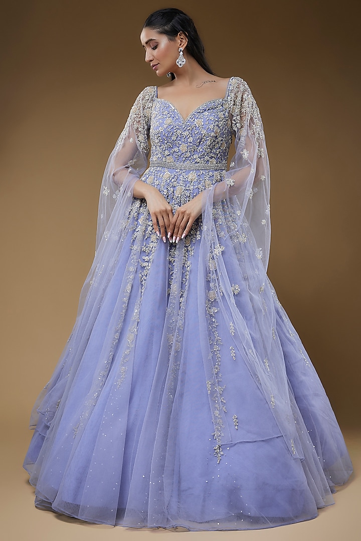 Blue Net Embroidered Gown by Kalighata