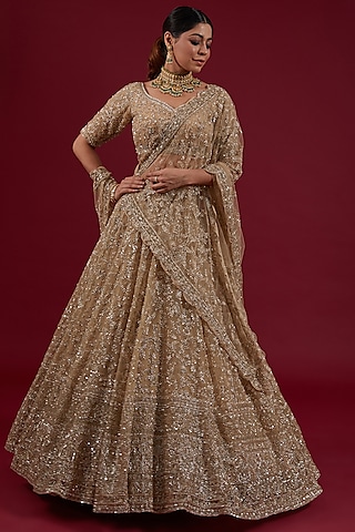 Gold Organza Sequins & Cutdana Embellished Lehenga Set by Kalighata