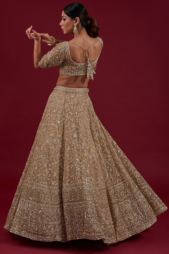 Gold Organza Sequins & Cutdana Embellished Bridal Lehenga Set by Kalighata at Pernia's Pop Up Shop