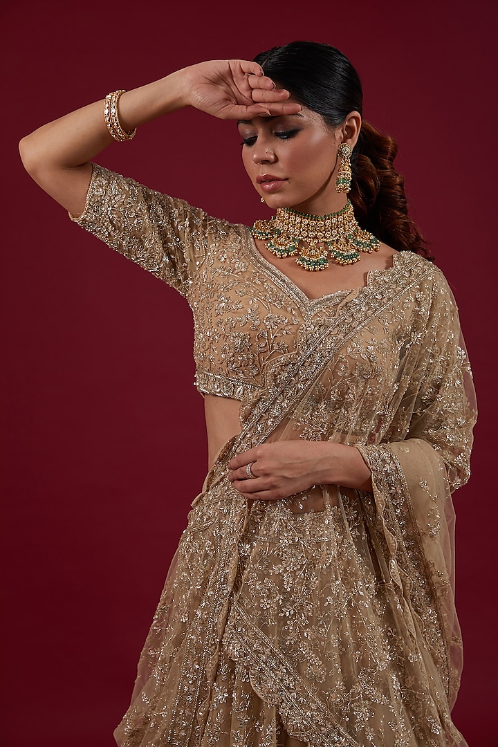 Gold Organza Sequins & Cutdana Embellished Bridal Lehenga Set by Kalighata at Pernia's Pop Up Shop
