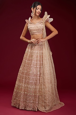 Pink Organza Sequins Embroidered Lehenga Set by Kalighata