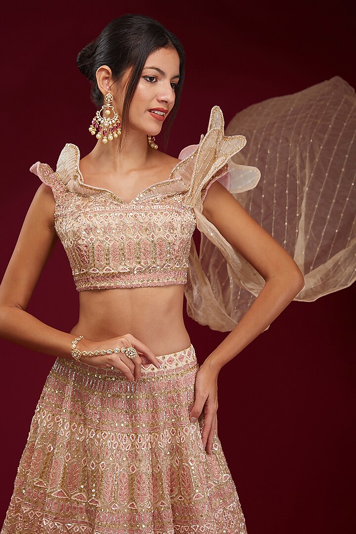 Pink Organza Sequins Embroidered Bridal Lehenga Set by Kalighata at Pernia's Pop Up Shop