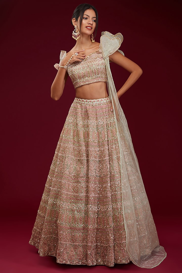 Pink Organza Sequins Embroidered Bridal Lehenga Set by Kalighata at Pernia's Pop Up Shop