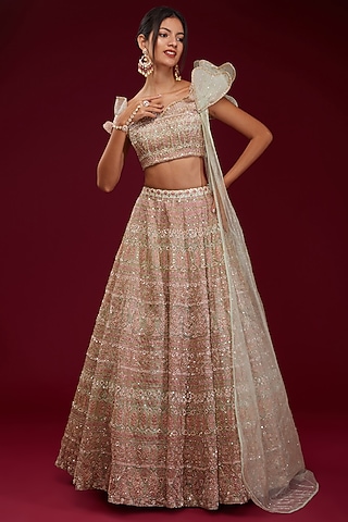 Pink Organza Sequins Embroidered Lehenga Set by Kalighata