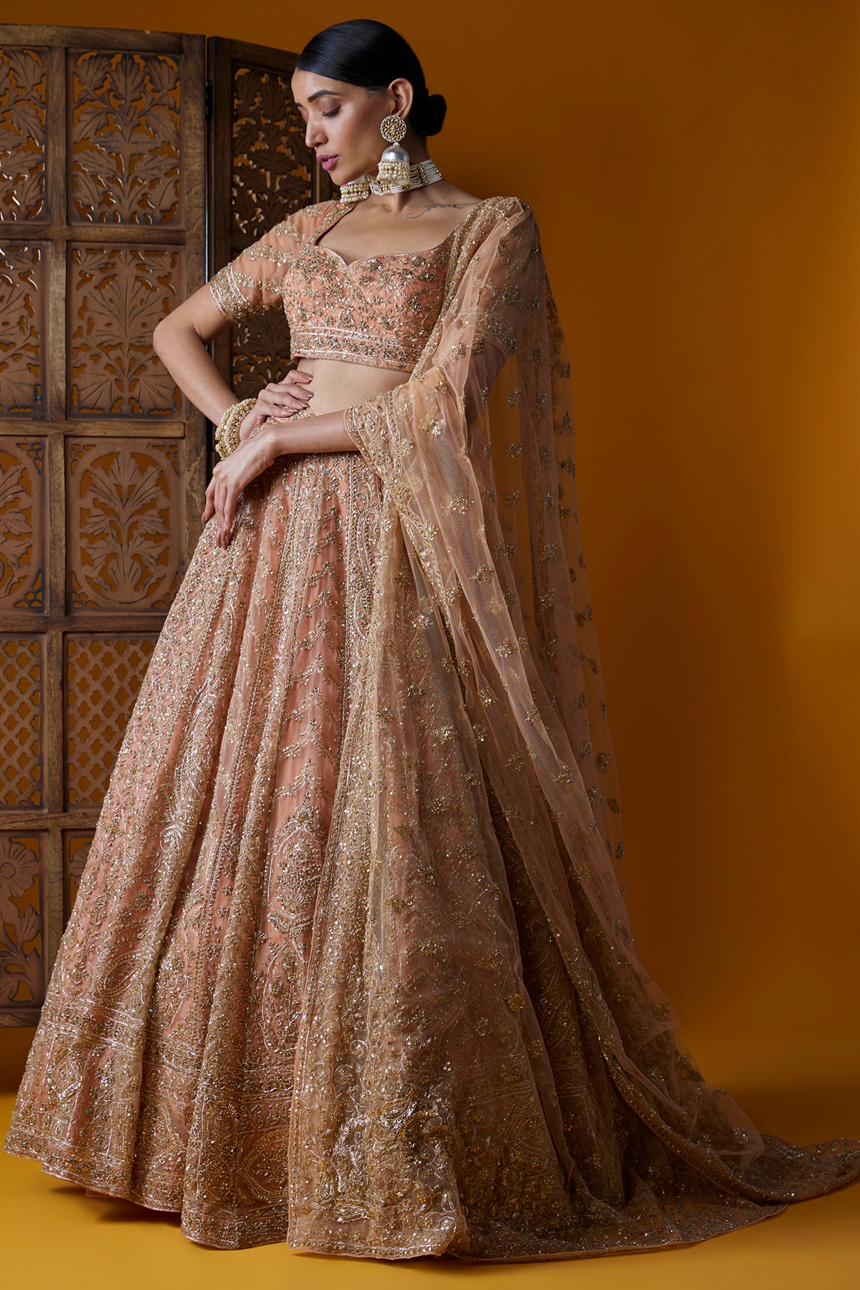 Peach Lucknowi Lehenga with Flared Sleeves for Wedding & Festive Party –  Dharang