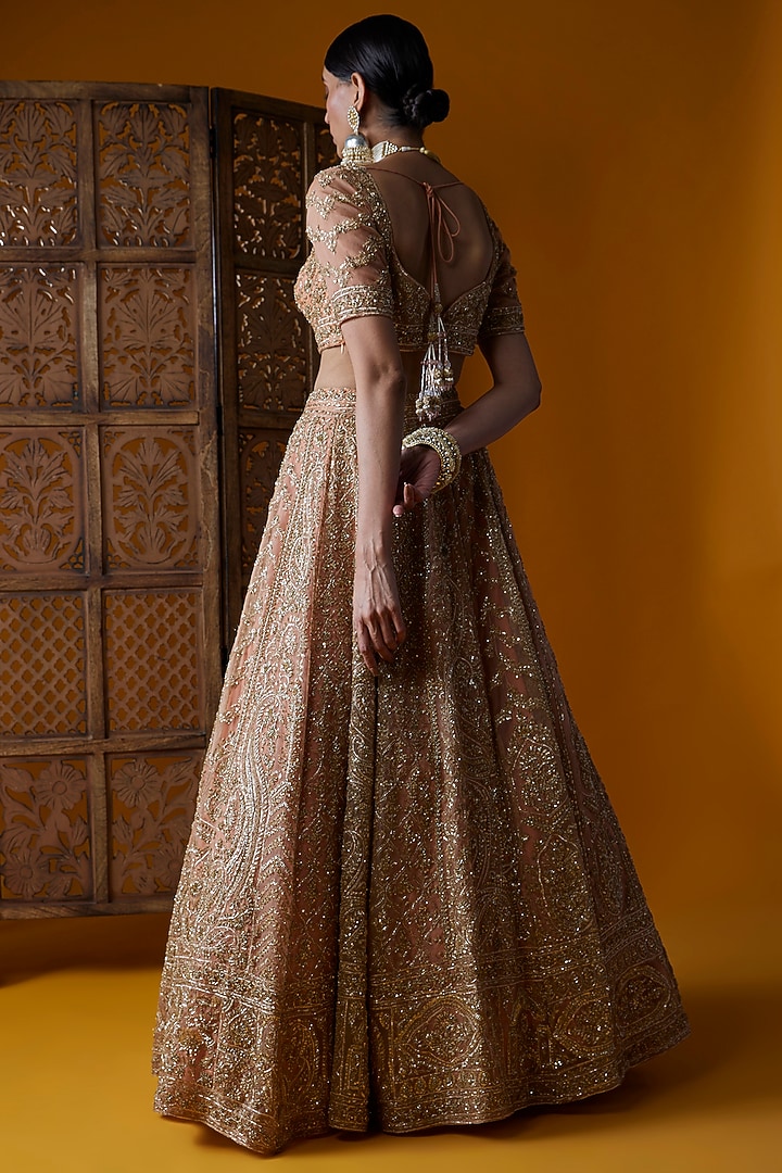 Peach Organza Embellished Bridal Lehenga Set by Kalighata at Pernia's Pop Up Shop