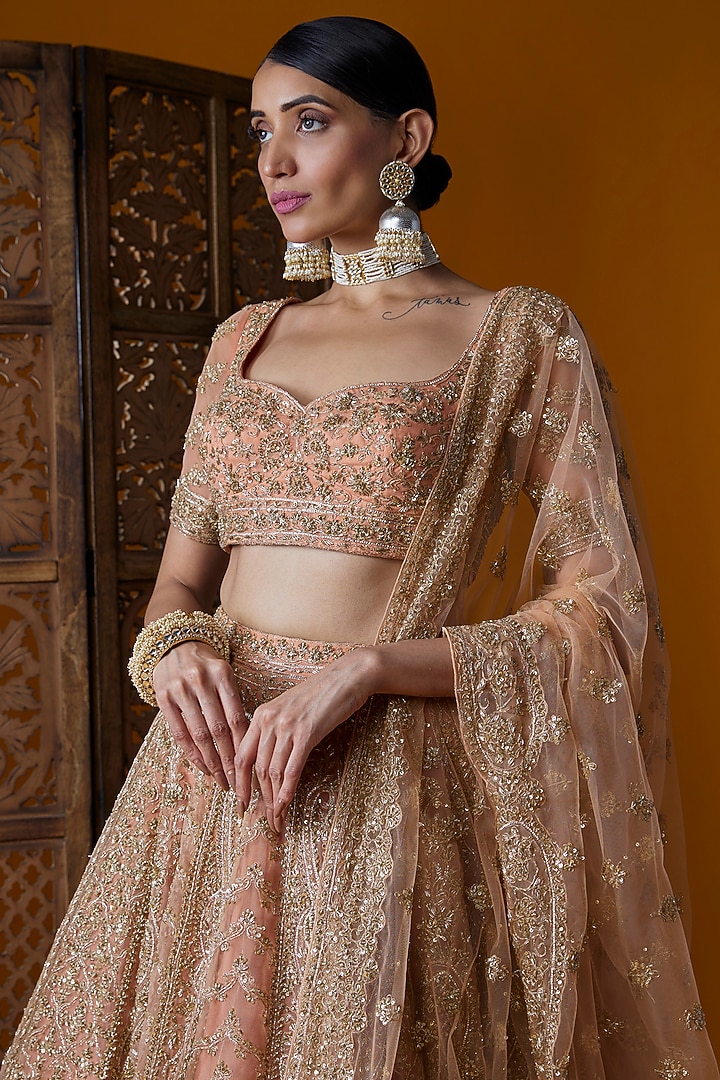 Peach Organza Embellished Bridal Lehenga Set by Kalighata at Pernia's Pop Up Shop