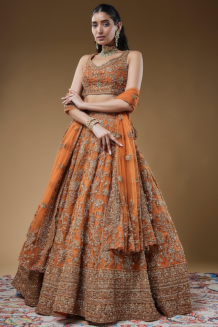 Rust Organza Embroidered Bridal lehenga for 22 Lehenga Set by Kalighata at Pernia's Pop Up Shop