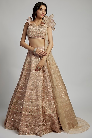 Gold Organza Sequins & Crystals Embellished Lehenga Set by Kalighata