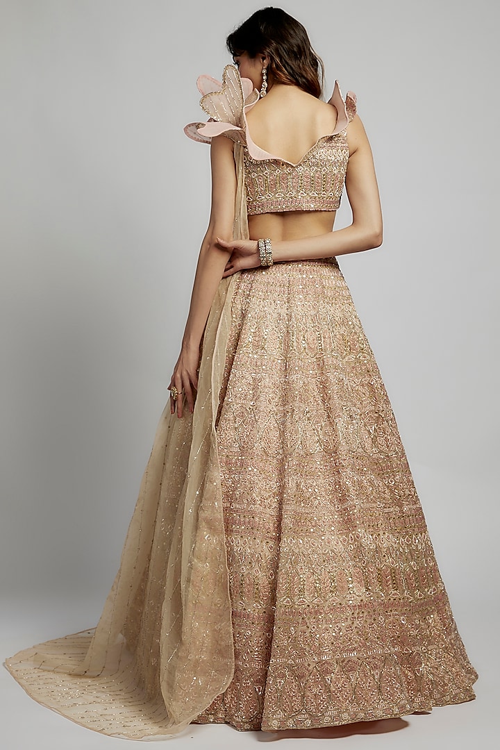 Gold Organza Sequins & Crystals Embellished Bridal Lehenga Set by Kalighata at Pernia's Pop Up Shop