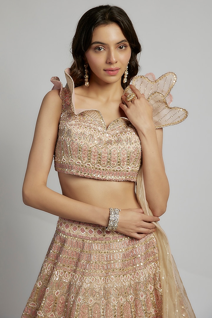 Gold Organza Sequins & Crystals Embellished Bridal Lehenga Set by Kalighata at Pernia's Pop Up Shop