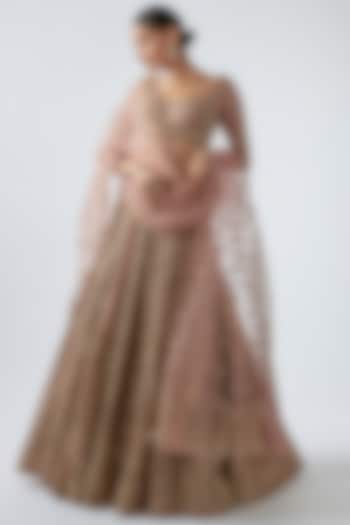 Peach Organza Embellished Bridal Lehenga Set by Kalighata at Pernia's Pop Up Shop