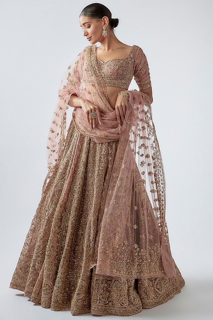 Peach Organza Embellished Bridal Lehenga Set by Kalighata at Pernia's Pop Up Shop
