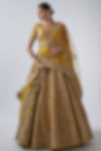 Mustard Raw Silk Embellished Bridal Lehenga Set by Kalighata at Pernia's Pop Up Shop