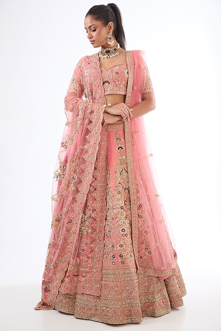 Pink Raw Silk Zardosi Hand & Machine Embroidered Bridal Lehenga Set by Kalighata at Pernia's Pop Up Shop