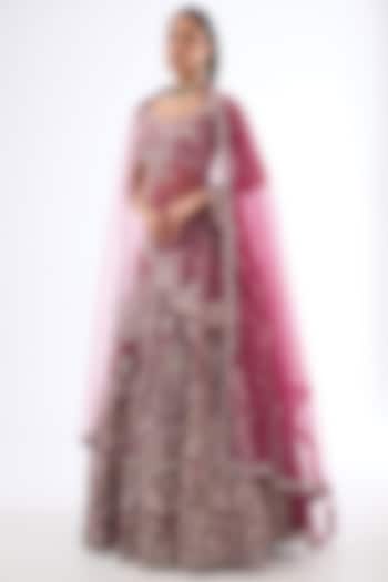 Cherry Red Raw Silk Sequins Hand Embellished Bridal Lehenga Set by Kalighata at Pernia's Pop Up Shop