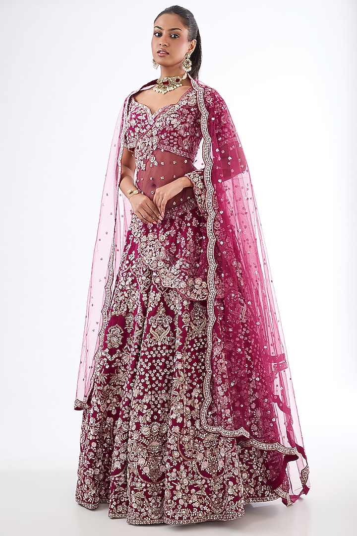Cherry Red Raw Silk Sequins Hand Embellished Bridal Lehenga Set by Kalighata at Pernia's Pop Up Shop
