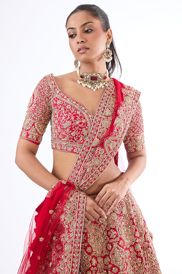 Red Raw Silk Hand Embellished Bridal Lehenga Set by Kalighata at Pernia's Pop Up Shop