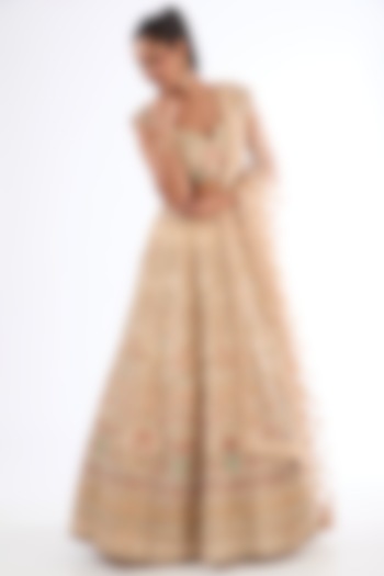 Peach Raw Silk Hand Embroidered Bridal Lehenga Set by Kalighata at Pernia's Pop Up Shop