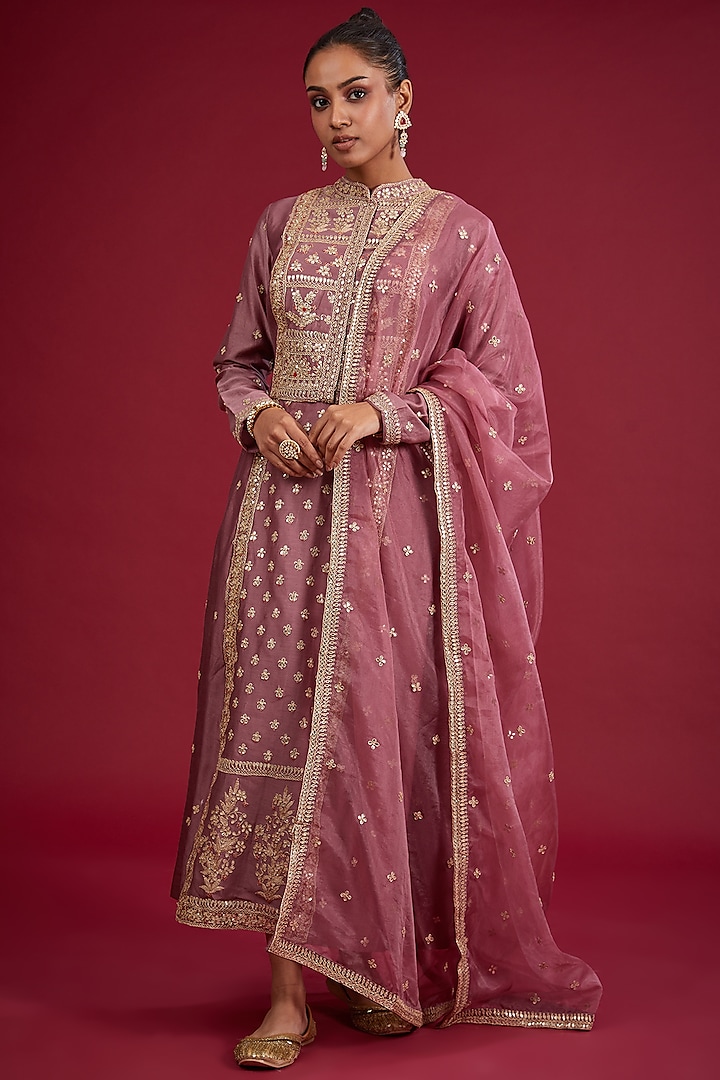 Mauve Chanderi Sequins Embroidered Gown With Dupatta by Kalighata at Pernia's Pop Up Shop