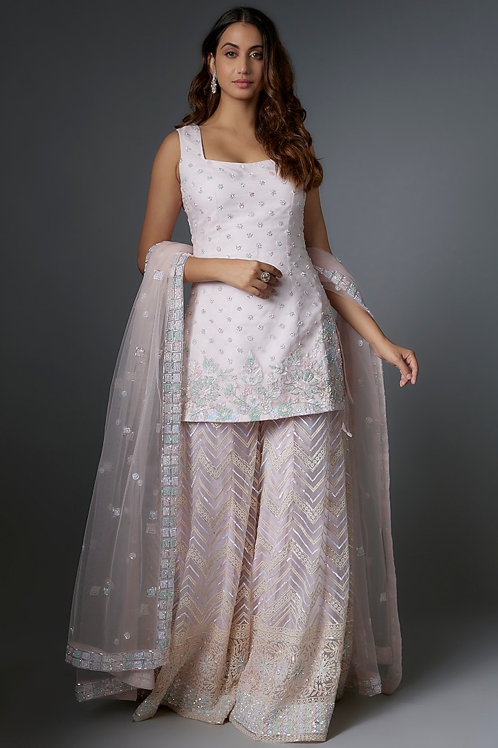 Blush Pink Organza Sequins Embroidered Wedding Sharara Set by Kalighata at Pernia's Pop Up Shop