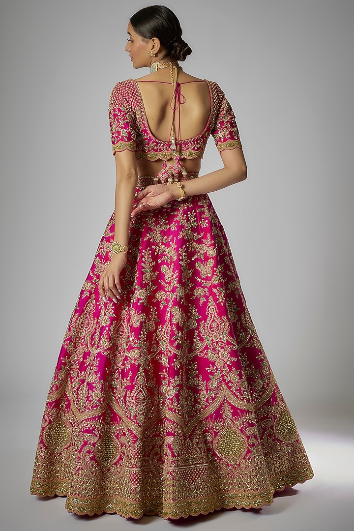 Rani Pink Raw Silk Embroidered Bridal Lehenga Set by Kalighata at Pernia's Pop Up Shop