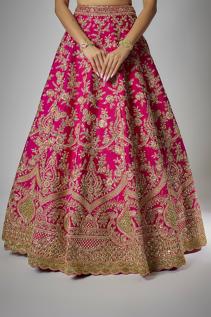 Rani Pink Raw Silk Embroidered Bridal Lehenga Set by Kalighata at Pernia's Pop Up Shop