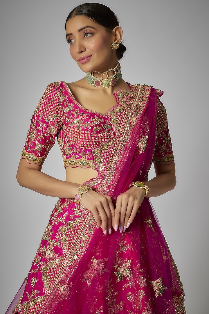 Rani Pink Raw Silk Embroidered Bridal Lehenga Set by Kalighata at Pernia's Pop Up Shop
