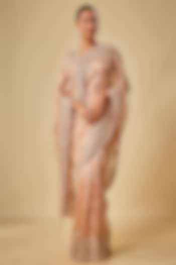 Peach Tissue Resham Hand Embroidered Bridal Saree Set by Kalighata at Pernia's Pop Up Shop