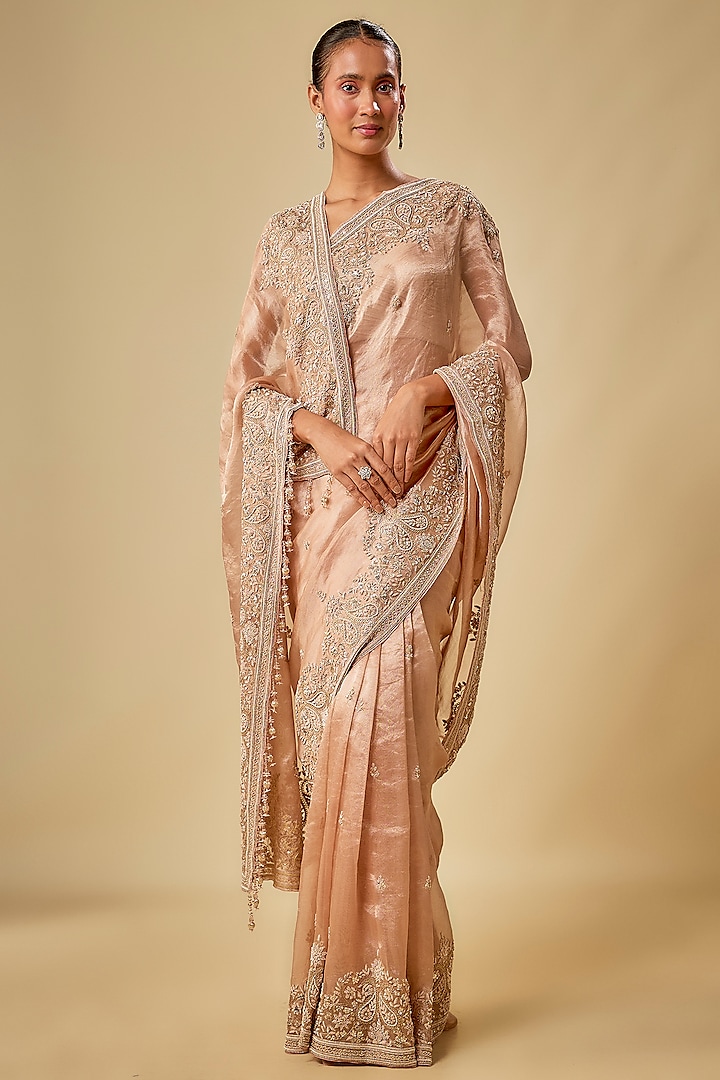 Peach Tissue Resham Hand Embroidered Bridal Saree Set by Kalighata at Pernia's Pop Up Shop