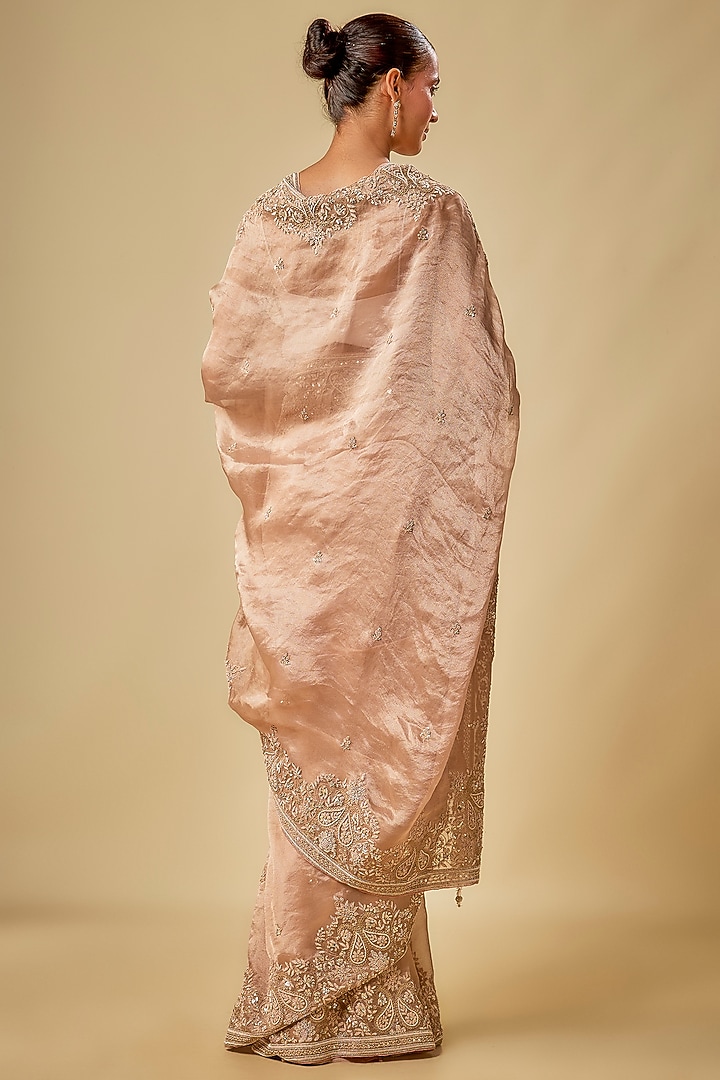 Peach Tissue Resham Hand Embroidered Bridal Saree Set by Kalighata at Pernia's Pop Up Shop