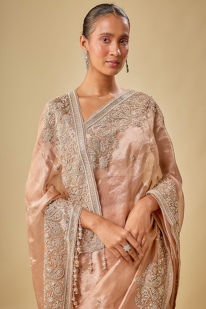 Peach Tissue Resham Hand Embroidered Bridal Saree Set by Kalighata at Pernia's Pop Up Shop