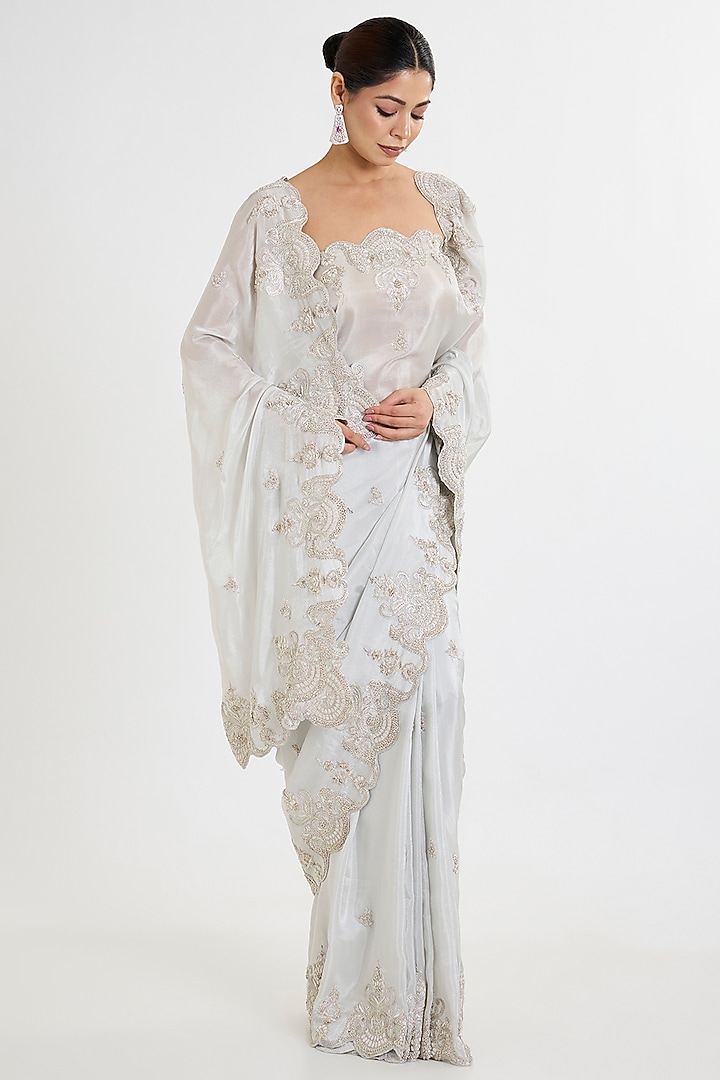 Grey Tissue Hand & Machine Embroidered Reception Saree by Kalighata at Pernia's Pop Up Shop