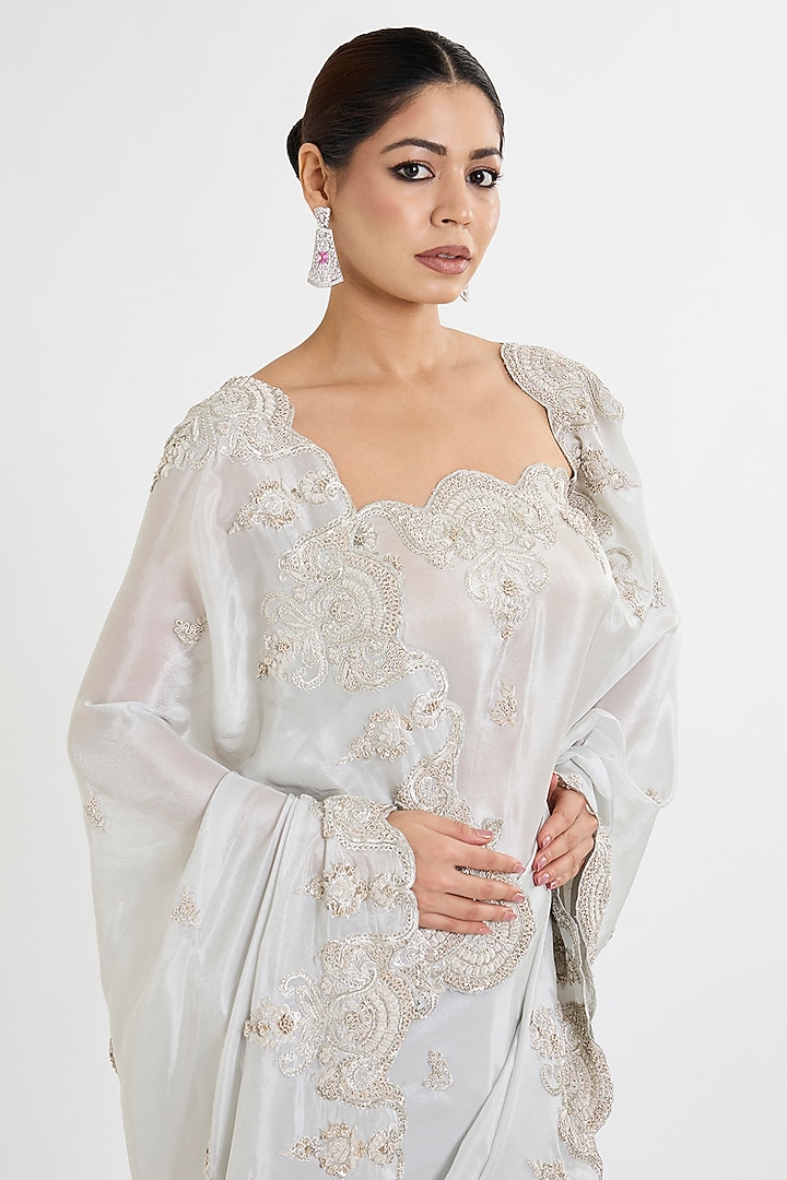 Grey Tissue Hand & Machine Embroidered Reception Saree by Kalighata at Pernia's Pop Up Shop