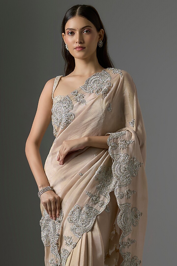 Golden Tissue Hand & Machine Embroidered Reception Saree by Kalighata at Pernia's Pop Up Shop