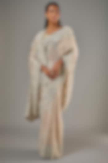 Gold Tissue Hand & Machine Embroidered Reception Saree Set by Kalighata at Pernia's Pop Up Shop