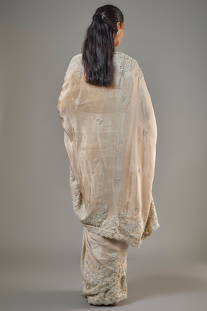 Gold Tissue Hand & Machine Embroidered Reception Saree Set by Kalighata at Pernia's Pop Up Shop