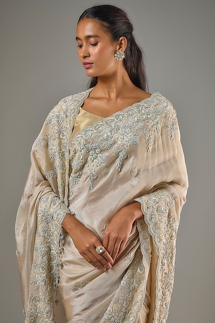 Gold Tissue Hand & Machine Embroidered Reception Saree Set by Kalighata at Pernia's Pop Up Shop