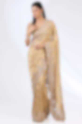 Gold Tissue Hand & Machine Embroidered Reception Saree Set by Kalighata at Pernia's Pop Up Shop