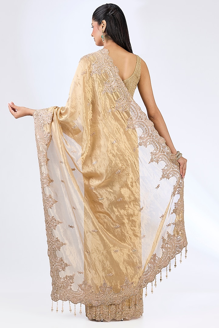 Gold Tissue Hand & Machine Embroidered Reception Saree Set by Kalighata at Pernia's Pop Up Shop